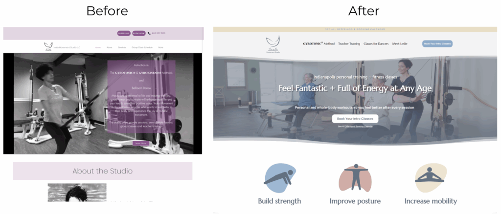 Inala Movement Studio website before and after